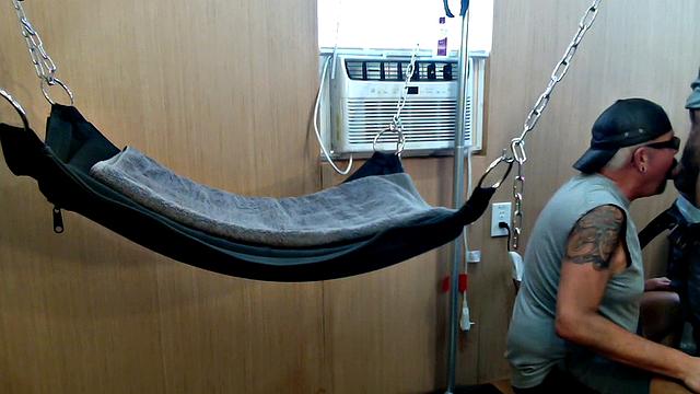 Mature gay assfucked in sling after long BJ