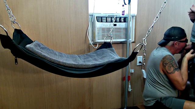 Mature gay assfucked in sling after long BJ