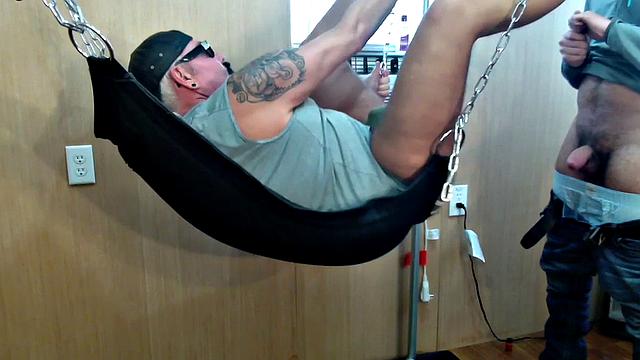 Mature gay assfucked in sling after long BJ
