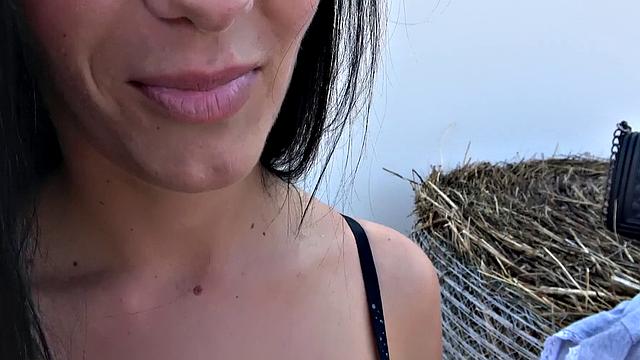 Watch this hot brunette babe take it hard outside