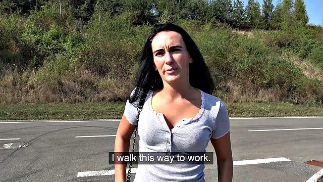 Watch this hot brunette babe take it hard outside