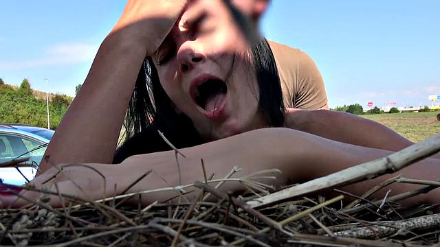 Watch this hot brunette babe take it hard outside