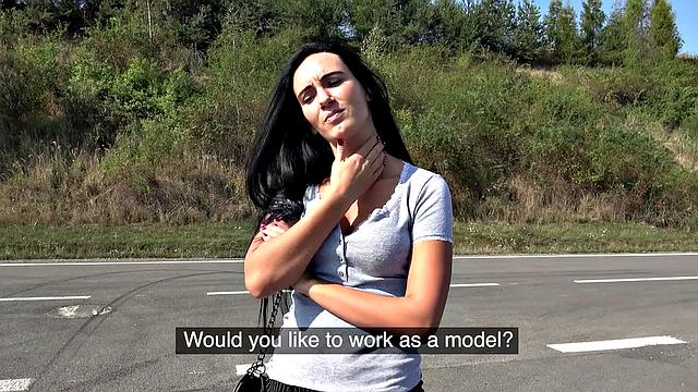 Watch this hot brunette babe take it hard outside