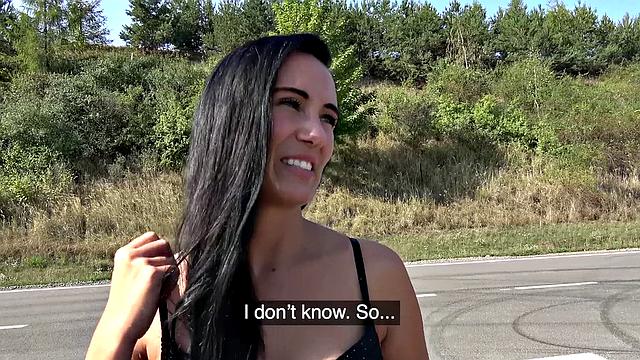 Watch this hot brunette babe take it hard outside
