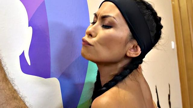 Petite Asian gym babe filled with dick during workout