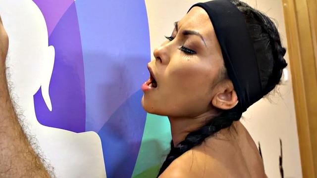 Petite Asian gym babe filled with dick during workout