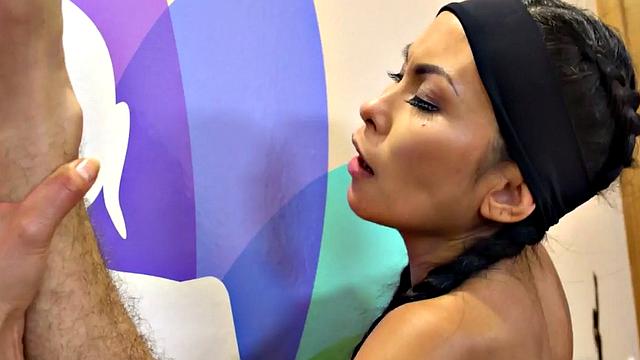 Petite Asian gym babe filled with dick during workout