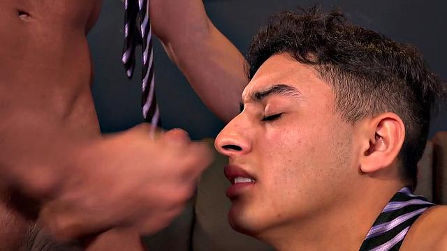 Suited Latino hosting threeway