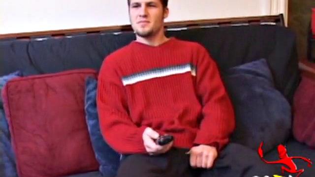 Straight Alex West is turned on by the porn that's playing and quickly gets a stiff one. As he strokes his cock, Alex stuffs his butt with a dildo and busts a load onto his belly.