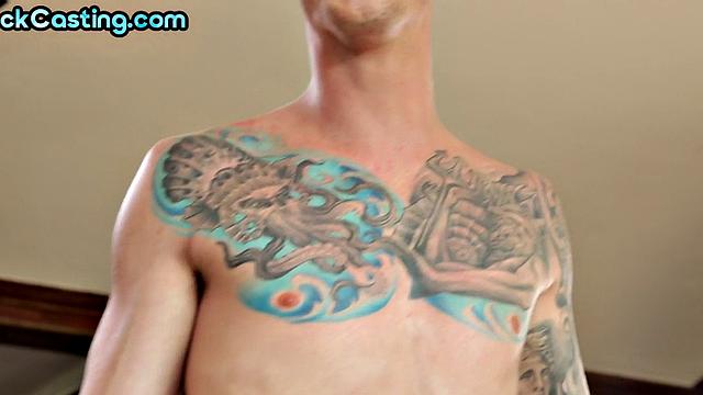 Man deepthroating inked jock