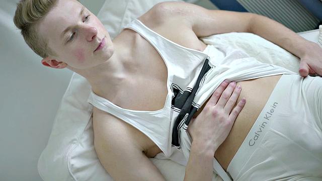 Lean twink wanking hard cock before cumming