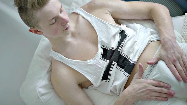 Lean twink wanking hard cock before cumming