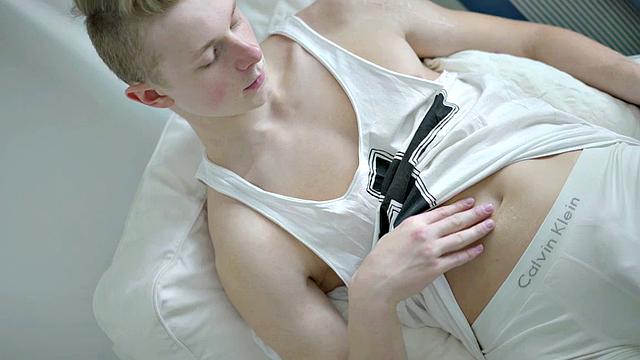 Lean twink wanking hard cock before cumming