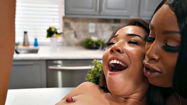 Black stepmom and tiny stepsis get fucked in 3some at dinner