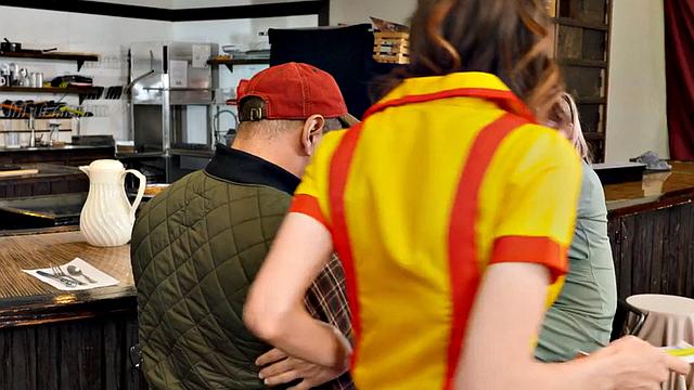 Shemale waitress in pantyhose enjoys food fetish sex