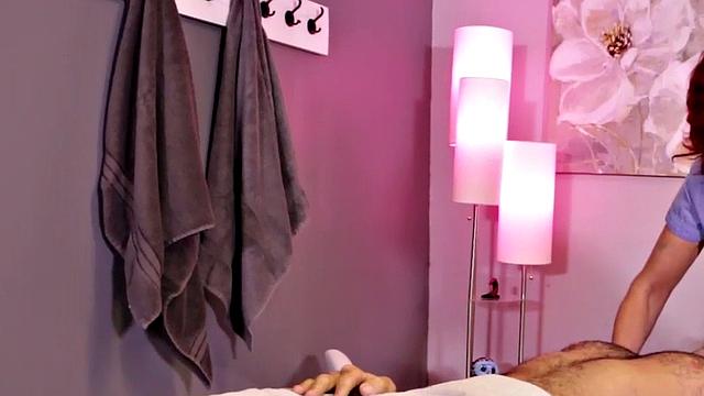 Mature busty redhead masseuse gives jerk off instruction to her client