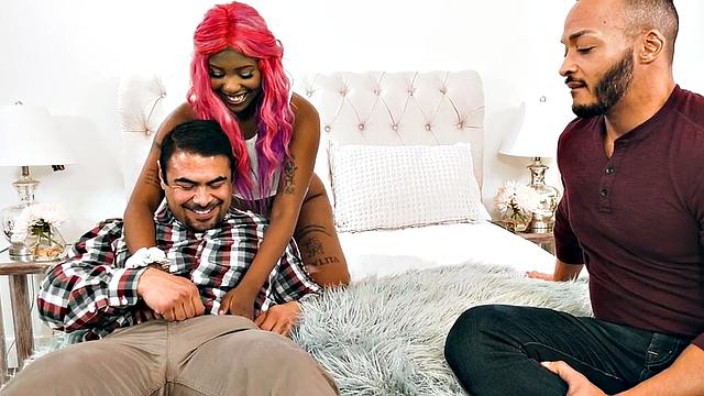 Bisex Ebony babe with pink hair pussybanged in threesome