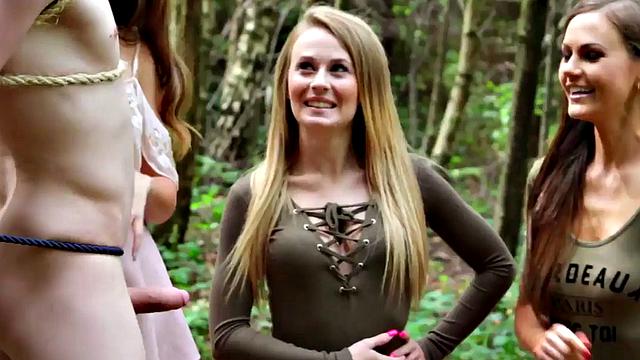 CFNM dominas jerk and suck sub in group domination