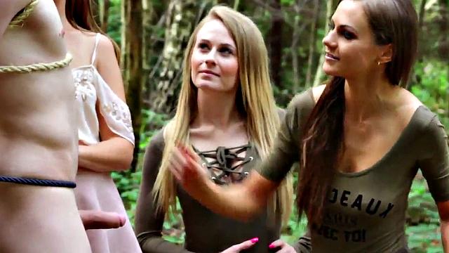 CFNM dominas jerk and suck sub in group domination