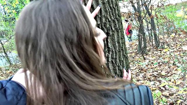 Tattooed chick bangs hard in park, POV style!