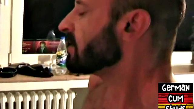 German barebacked DILF cums on jock in anal
