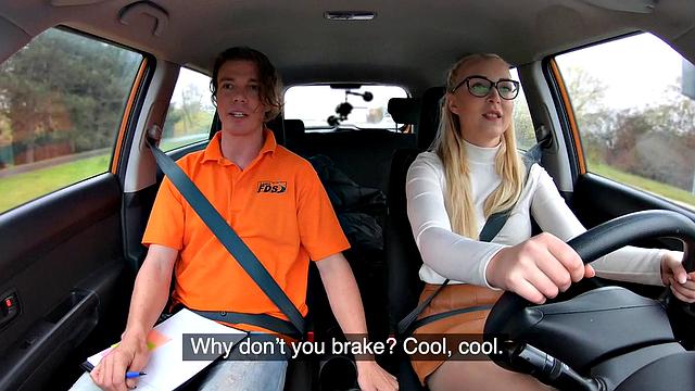 Driving nerdy blonde spooned by her tutor after bj