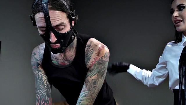 Femdom busty MILF in stockings whipping foot sub