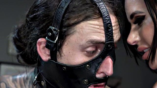 Femdom busty MILF in stockings whipping foot sub