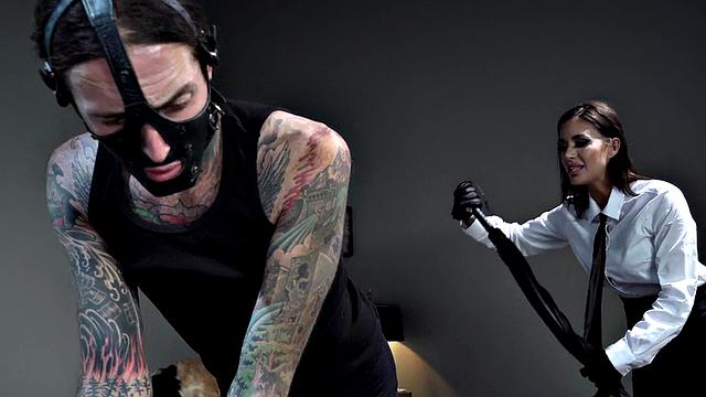 Femdom busty MILF in stockings whipping foot sub