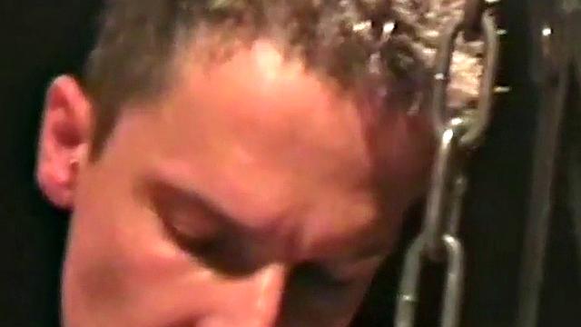 German masked bottom in sling gangbanged and jizzed