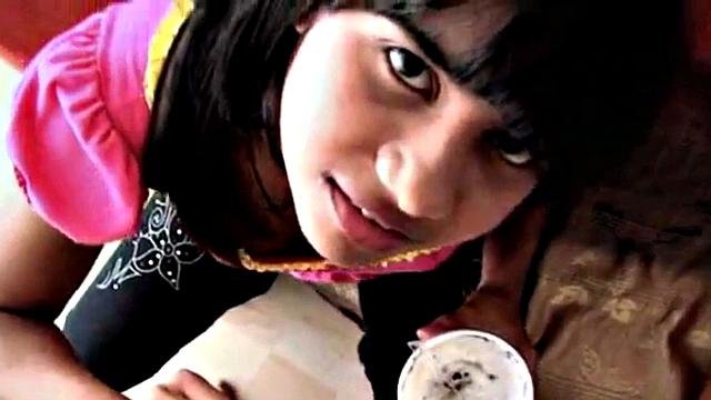Latina teen with small tits and tattoo takes a hard fucking and a hot ice cream load in her mouth