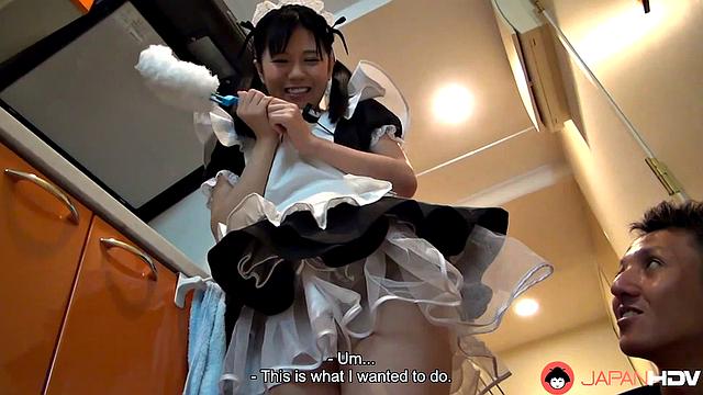 Mai Araki is not wearing panties while cleaning her client's home