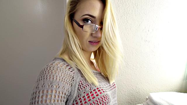 Blonde with glasses gets creampied in the park while fucking in the bedroom