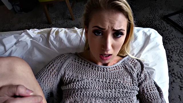 Blonde with glasses gets creampied in the park while fucking in the bedroom