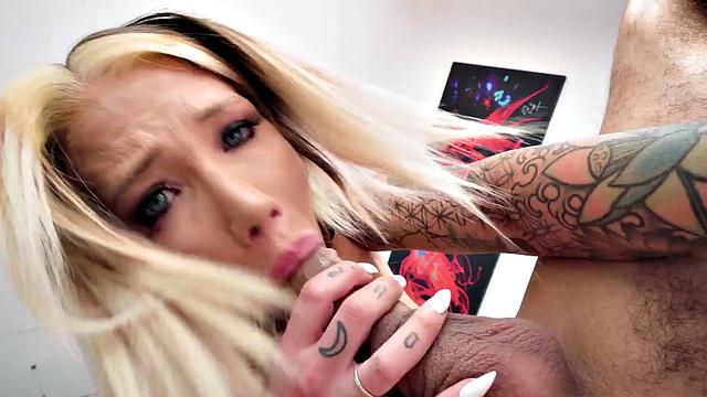 Inked babe gagging on dick after teasing