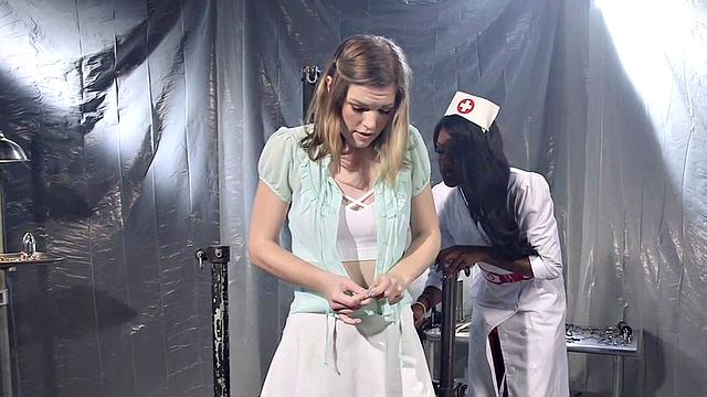 BDSM Ebony nurse toys subs clit with Hitachi after 69