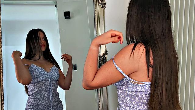 Watch this brunette's natural tits bounce as she fingers her tight pussy in a thong