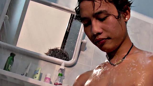 Redhead pissing Asian twink wanks till cumshot