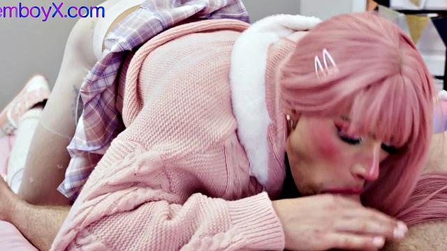 Pantyhose pinkhair femboy assfucked by cock at home