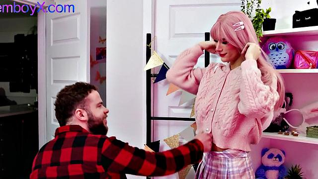 Pantyhose pinkhair femboy assfucked by cock at home