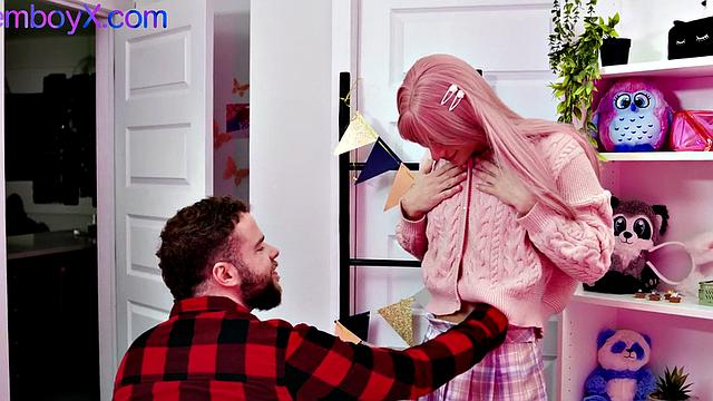 Pantyhose pinkhair femboy assfucked by cock at home