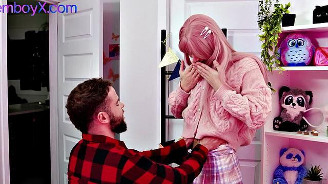 Pantyhose pinkhair femboy assfucked by cock at home