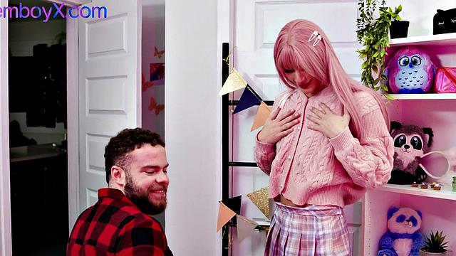 Pantyhose pinkhair femboy assfucked by cock at home