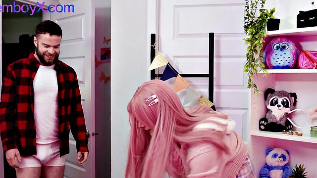 Pantyhose pinkhair femboy assfucked by cock at home