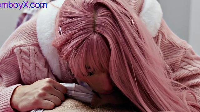 Pantyhose pinkhair femboy assfucked by cock at home