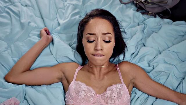 Latina with small tits and big ass gets double stuffed in POV while being blindfolded