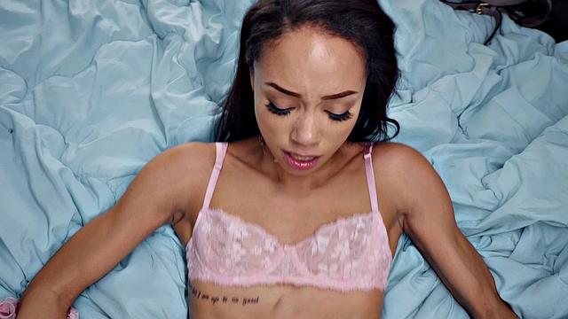 Latina with small tits and big ass gets double stuffed in POV while being blindfolded