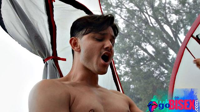 Cute inked babe pounded in bi 3some