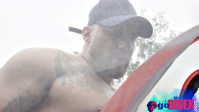 Cute inked babe pounded in bi 3some