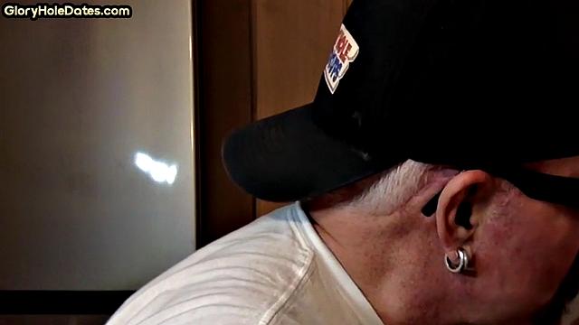 POV mature man sucks cock in closeup gloryhole blowjob